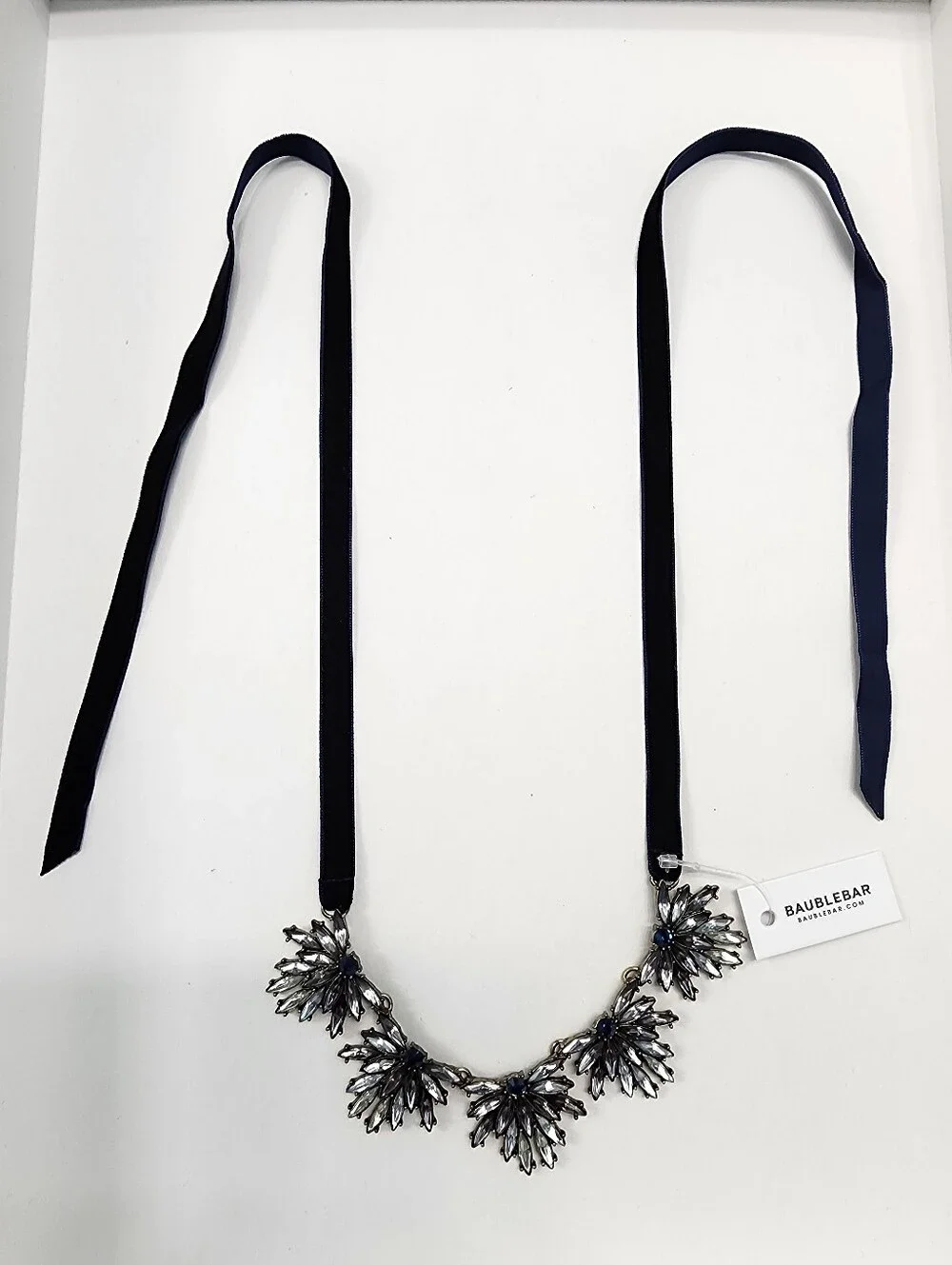 NEW! BaubleBar Smoky-Grey and Deep Navy Blue Crystal Ribbon Necklace - Picture 1 of 5